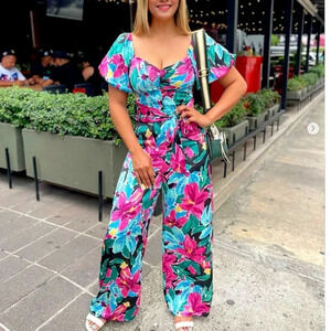 Zara Floral Print Satin  Like Jumpsuit Puff Sleeve Size Medium Blogger Fave